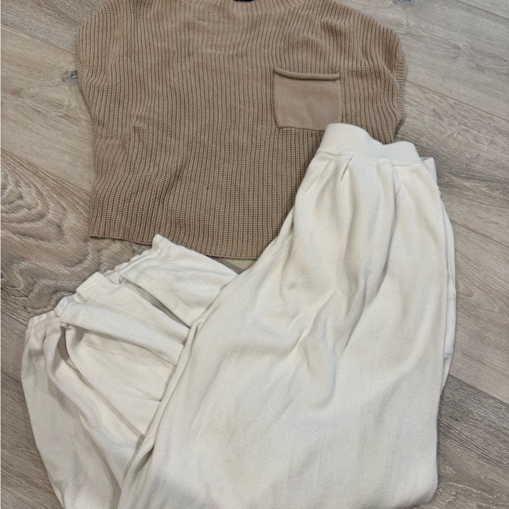 Tan Ribbed Top and Cream Pants Set